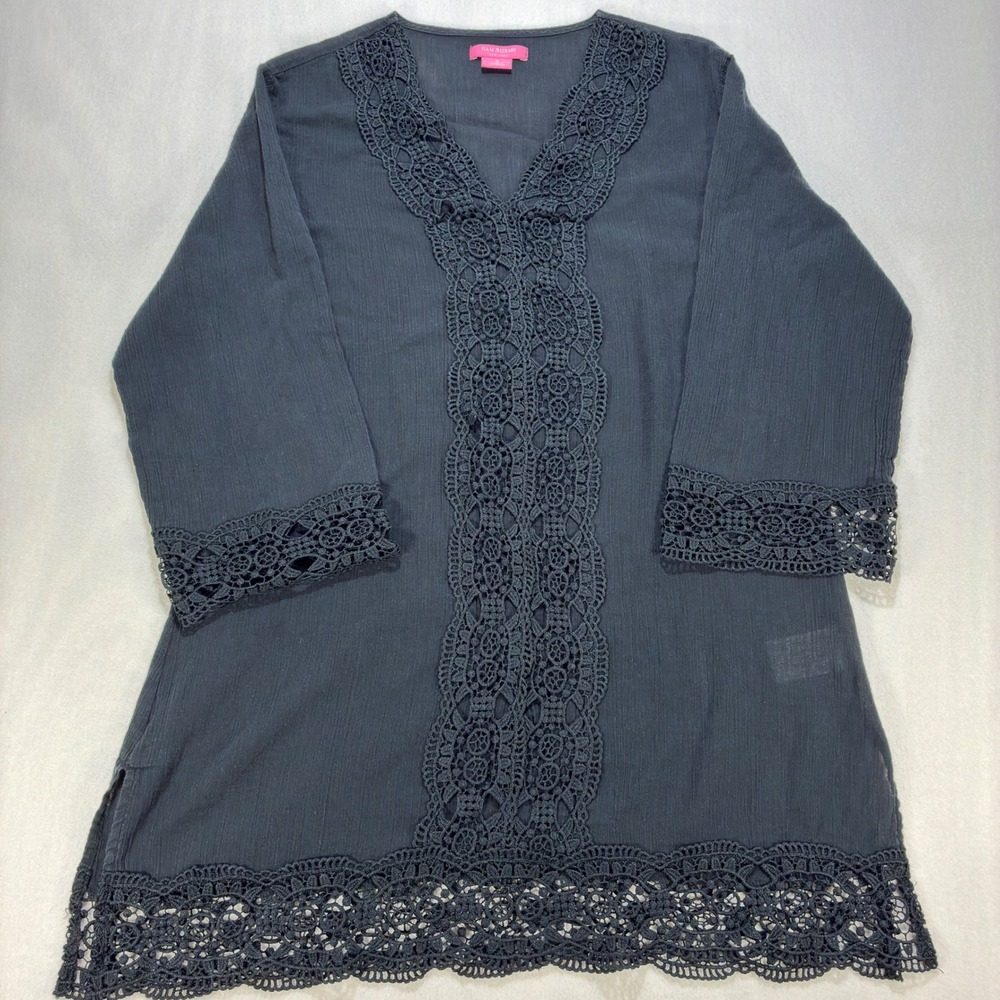 Isaac Mizrahi Live Crochet Lace Trim Cotton Gauze Tunic Top Women Small Black
